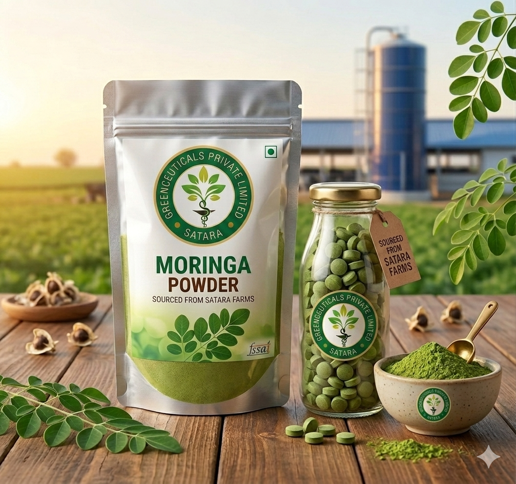 Moringa powder pack and tablets sourced from Satara farms